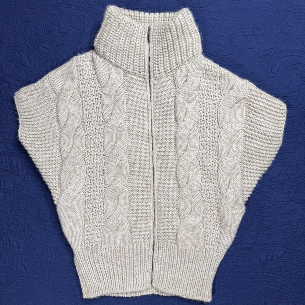 Elsamanda Italy Womens Large Cable Knit Full Zip Vest Beige Funnel Neck